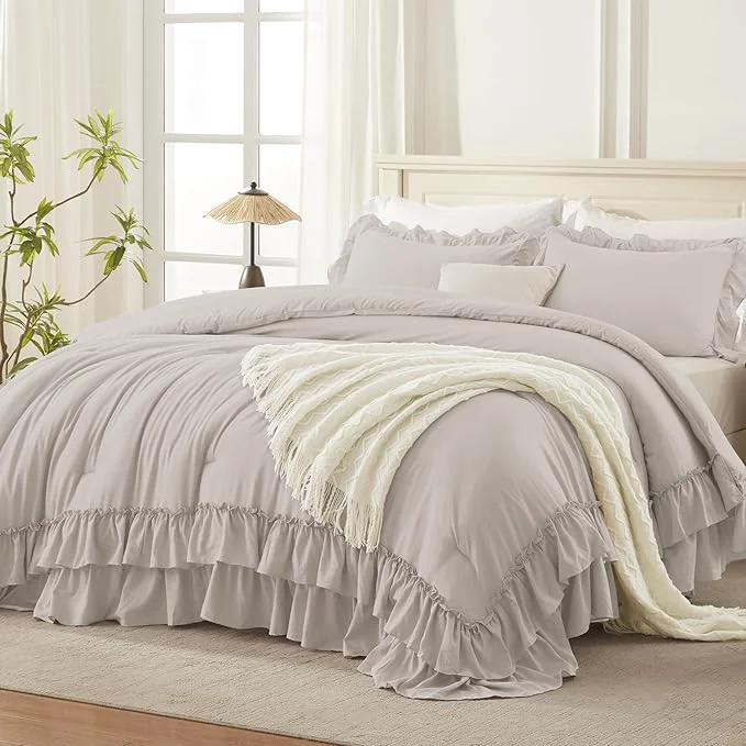 Clean Andency Linen Grey California King Comforter Set 104x96Inch 3 Pieces Farmhouse Shabby Chic Ruffle Bedding Sets Lightweight Fluffy Soft All Season Bed Set Safe
