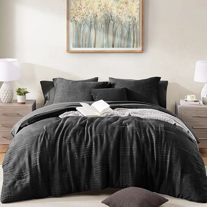 Original Design MaiRêve Queen Comforter Set Black Textured Design Crinkle Bedding Sets 7 Pieces All Season Bed in A Bag with Comforter Sheets Pillowcases amp Shams Eco-Friendly