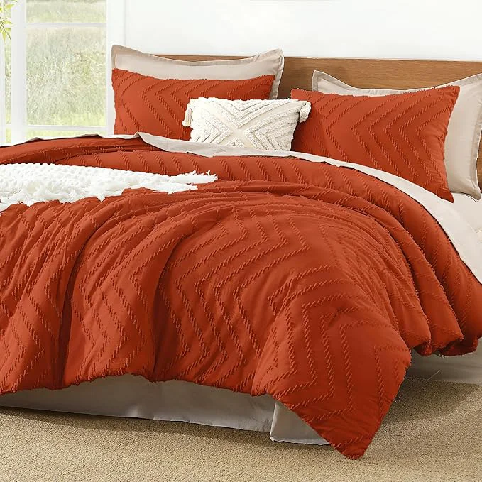 Sophisticated Litanika Oversized King Comforter Set Super King Size 120x120 3 Pieces Burnt Orange Terracotta Chevron Tufted Solid Bedding Comforter Sets Fluffy Bed Set Premium