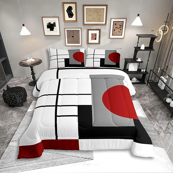 Specialty Erosebridal White Black Red Striped Bedding Set Full Size Boho Modern Geometric Abstract Comforter Set for Adult Women Men Stripes Lines Bed Sets Minimalist Square and Circle Duvet Quilt Sets Next-Generation