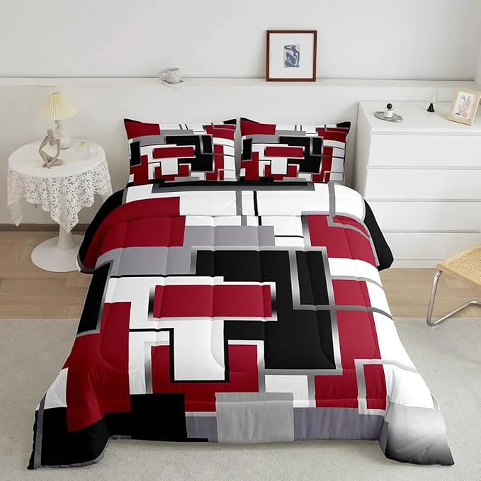 Green Erosebridal Modern Queen Comforter Set Black White Red Bedding Set for Teens Youth Adult Geometric Plaid Square Quilt Set Contemporary Artwork Duvet Insert with 2 Pillowcases Verified