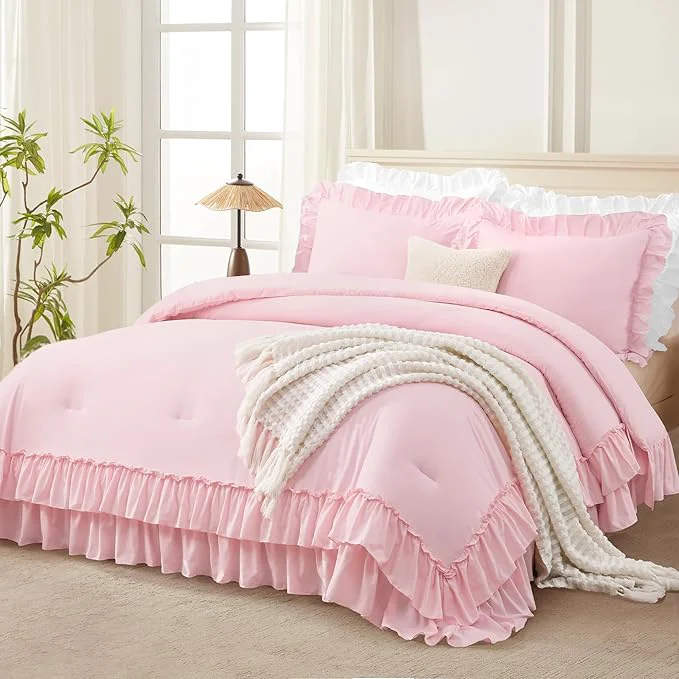 Smart Andency Pink Ruffle Comforter Full Set 3pcs Vintage Farmhouse Shabby Chic Bedding Comforter Set Soft Lightweight Fluffy Bed Comforter Sets All Season Bedding Set Unique