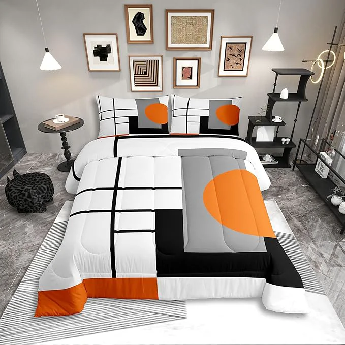 Original Design Erosebridal White Black Orange Striped Toddler Comforter Boho Modern Geometric Abstract Bedding Set Stripes Lines Duvet Insert Minimalist Square and Circle Bed Sets Luxury