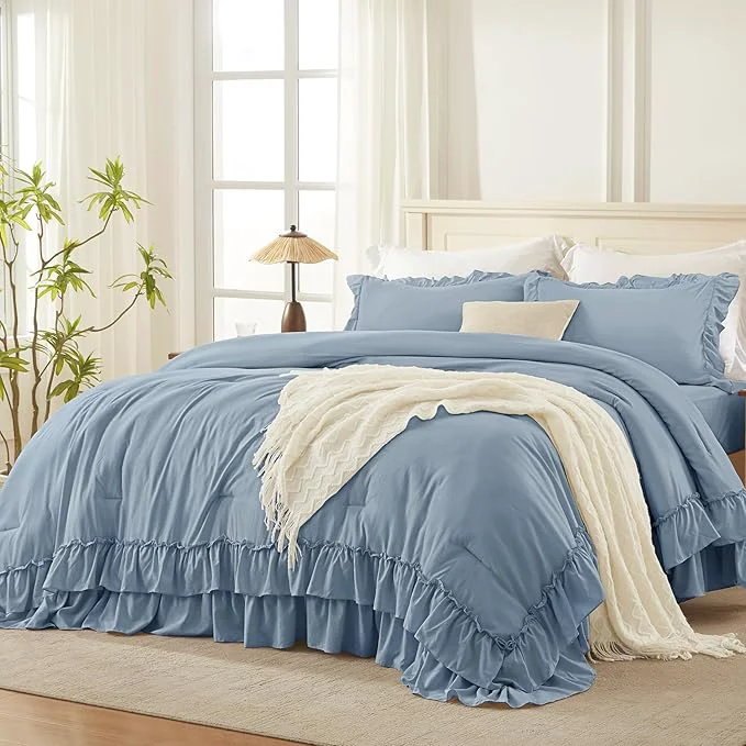 Durable Andency Grayish Blue Full Size Comforter Set 3 Pieces Lightweight Fluffy Shabby Chic Ruffle Bedding Comforter Sets All Season Soft Polyester Bed Set for Kids Boys Men 79x90Inch Long-Lasting