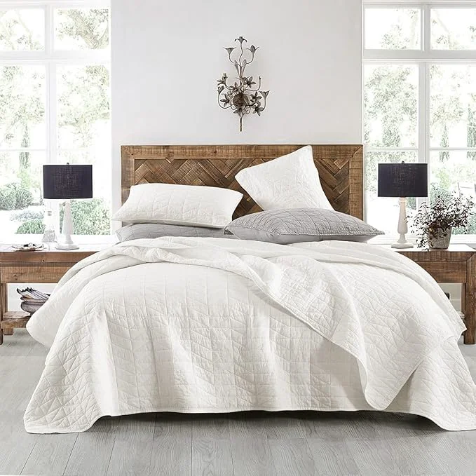 Artisan HORIMOTE HOME Quilt Set Twin Size Stone-Washed Chic Rustic Cream White Coverlet with Classic Triangle Stitched Pattern Ultra Soft Lightweight Quilted Bedspread for All Season 2 Pieces Healthy