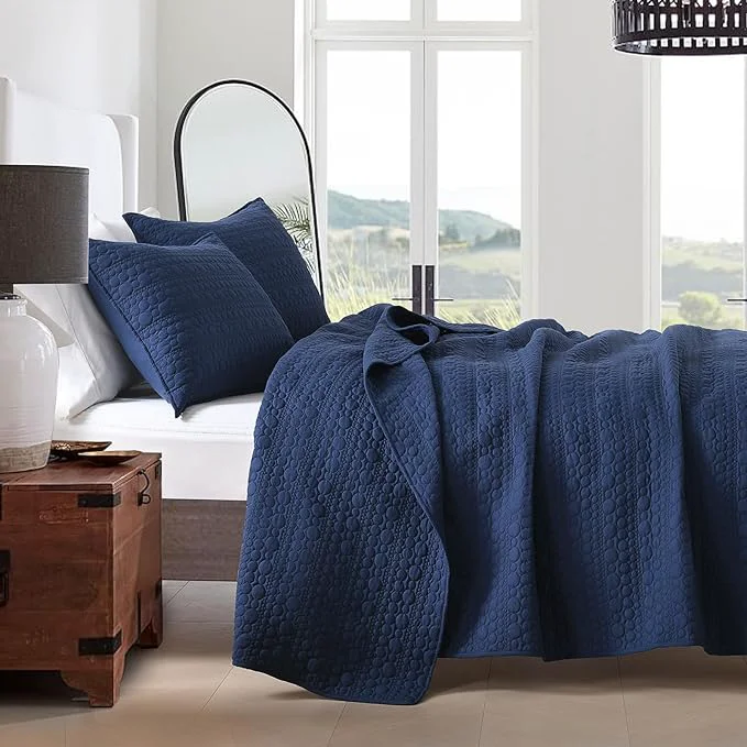 Authentic HORIMOTE HOME Quilt Set King Size Navy Blue Classic Geometric Spots Stitched Pattern Pre-Washed Microfiber Chic Rustic Look Ultra Soft Lightweight Quilted Bedspread for All Season 3 Pieces Elite