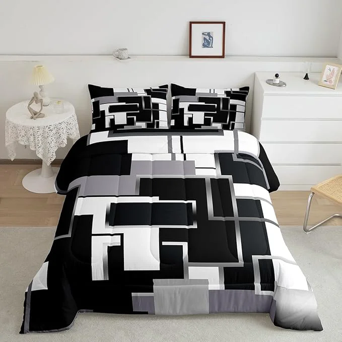 Quality Erosebridal Geometric Comforter Sets Queen Black and White Bedding Set for Kids Teens Youth Modern Ombre Quilt Set Soft Mid Century Square Duvet Insert with 2 Pillow Shams Lightweight Warm Premium