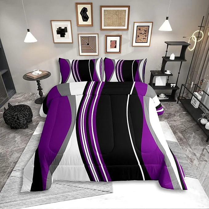 Safe Erosebridal Purple Black Abstract Bedding Set Full Size Grey Modern Striped Comforter Set for Adult Women Men Geometric Stripes Lines Bed Sets Contemporary Art Boho Duvet Quilt Sets for Minimalist World-Class