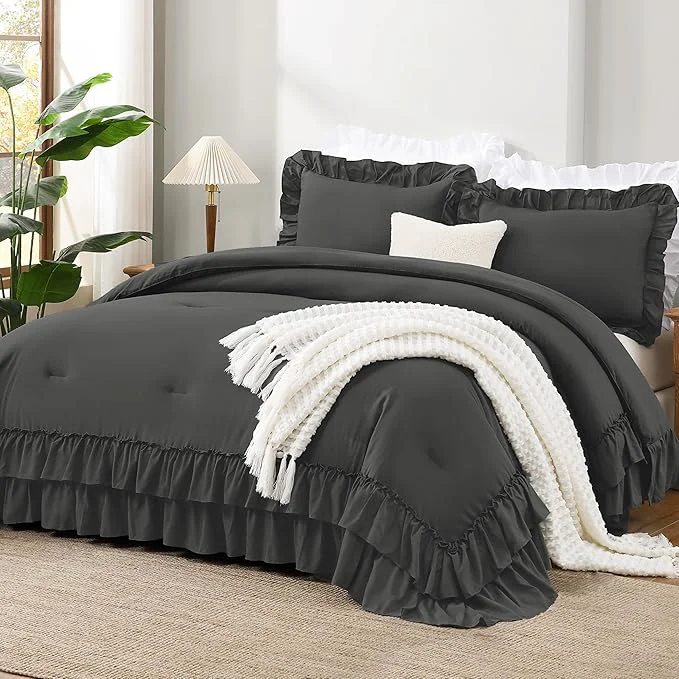 Easy-to-Use Andency Super King Ruffle Comforter Set 3 Pieces Thick Shabby Chic Farmhouse Bedding Set for Women Soft Lightweight Oversized King Comforter Set 120x120 1 Comforter 2 Pillowcases Dark Gray Casual