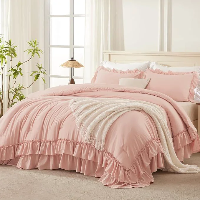 Easy-to-Use Andency Blush Twin Size Comforter Set 66x90Inch 2 Pieces Farmhouse Shabby Chic Ruffle Comforter Set for Kids Lightweight Fluffy All Season Soft Polyester Bedding Set Efficient