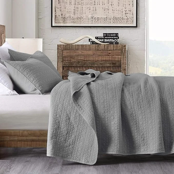 Breathable HORIMOTE HOME Quilt Set Twin Size Grey Classic Geometric Spots Stitched Pattern Pre-Washed Microfiber Chic Rustic Look Ultra Soft Lightweight Quilted Bedspread for All Season 2 Pieces Fast