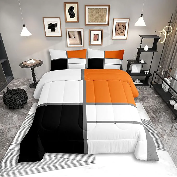 Healthy Erosebridal Geometric Abstract Queen Comforter Set for Adult Women Men Blue and White Striped Bedding Set Square Grid Bed Set Modern Art Patchwork Quilt Set for Minimalist Relaxed