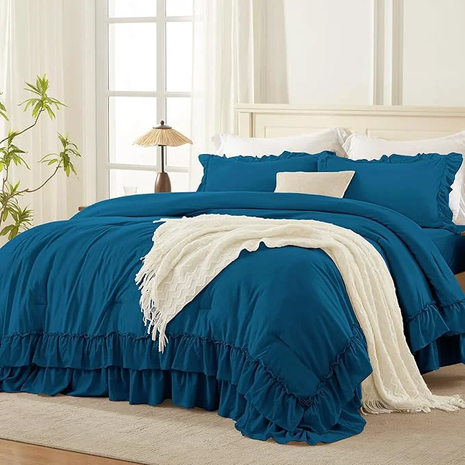 Healthy Andency Teal Twin Size Comforter Set 2 Pieces Lightweight Fluffy Ruffle Bedding Set for Dorm All Season Soft Farmhouse Shabby Chic Bed Set for Kids 66x90In Elite