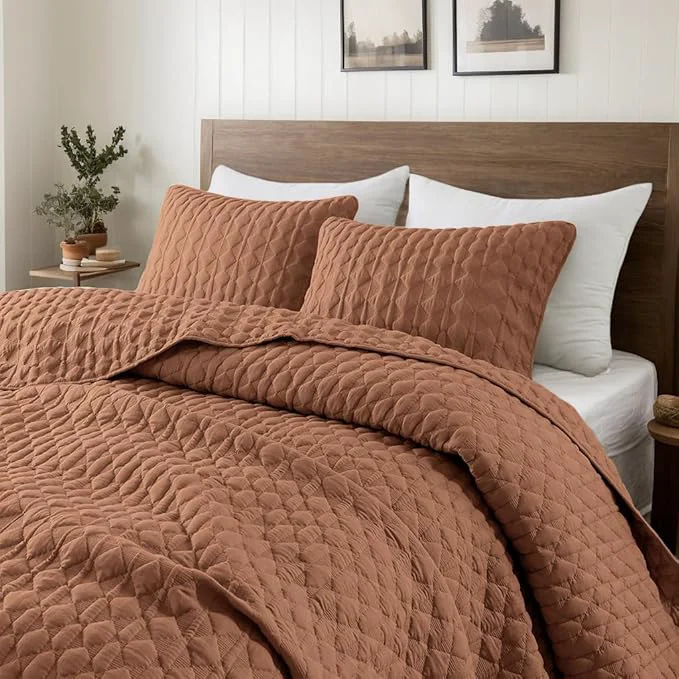Certified WDCOZY Burnt Orange Twin Quilt Size Bedding Sets with 1 Pillow Sham Red Lightweight Soft Bedspread Coverlet Quilted Blanket Thin Comforter Bed Cover for All Season 2 Pieces 68x90 inches Safe