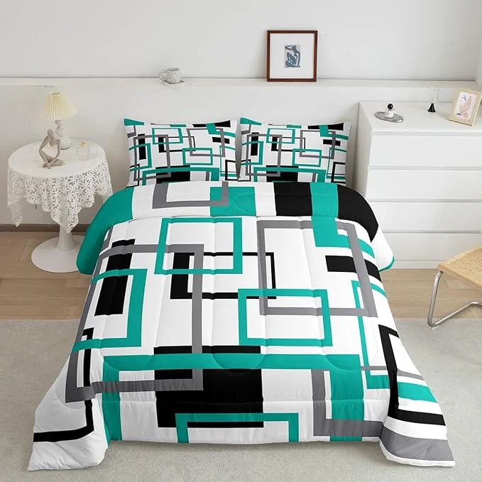 Sustainable Erosebridal Square Comforter Set for Teens Youth Black White Blue Bedding Set Geometric Quilt Set Modern Bedroom Decor Mid Century Grid Duvet Insert with 2 Pillowcases Lightweight Warm Queen Elegant