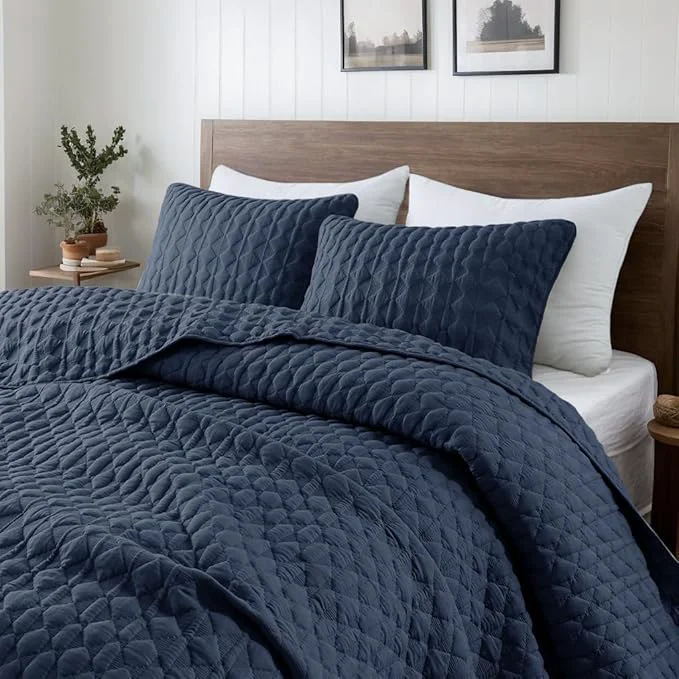 Selected WDCOZY Navy Blue Quilt Queen Size Bedding Sets with Pillow Shams Lightweight Soft Bedspread Coverlet Quilted Blanket Thin Comforter Bed Cover All Season Spring Summer 3 Pieces 90x90 inches Exclusive