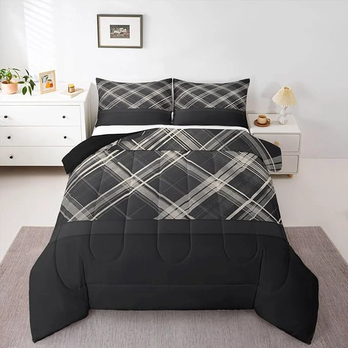 Smooth Erosebridal Grey Plaid Comforter Sets Queen Grey Printed and Spliced Plaid Herringbone Bedding Set for Adult Farmhouse Grey Quilt Set Modern Simple Lattice Duvet Insert with 2 Pillowcases Lightweight Trusted
