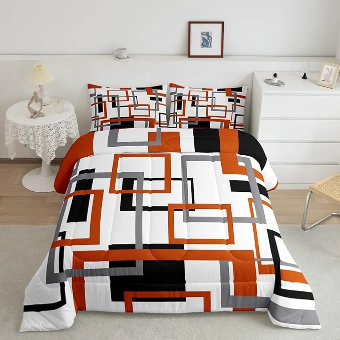 High-End Erosebridal Geometric Square Comforter Set for Men Women White Black Orange Bedding Set Abstract Grid Patchwork Quilt Set Lightweight Modern Down Comforter with 2 Pillow Shams Full Size Powerful