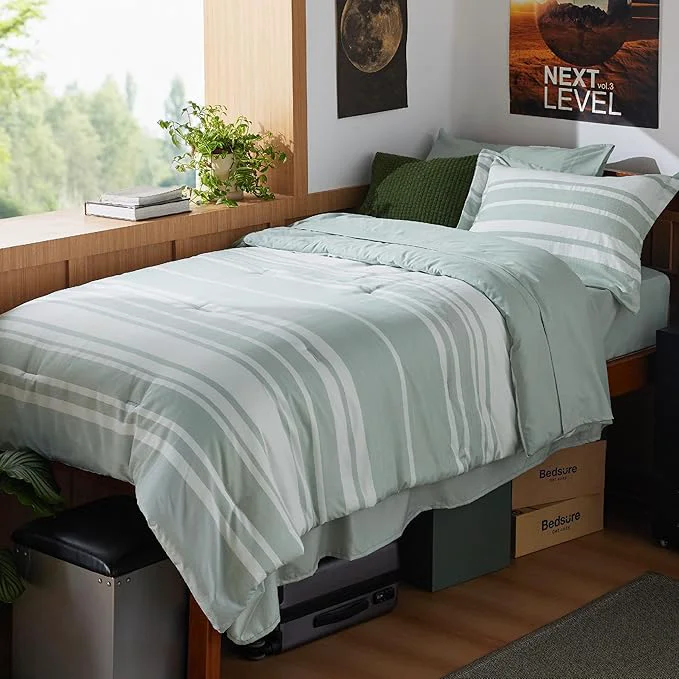 Secure Bedsure Twin XL Comforter Set 5 Pieces Sage Green Striped Bedding Set for All Seasons Reversible Cationic Dyeing Bed in a Bag with Comforter Sheets Pillowcase amp Sham Versatile