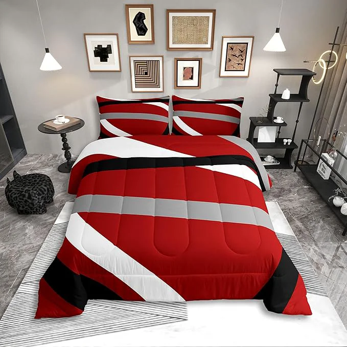 Smooth Erosebridal Red Gray Black Striped Queen Comforter Set for Adult Women Men Modern Abstract Bedding Set Geometric Lines Bed Set Aesthetic Boho Quilt Set Premium Material