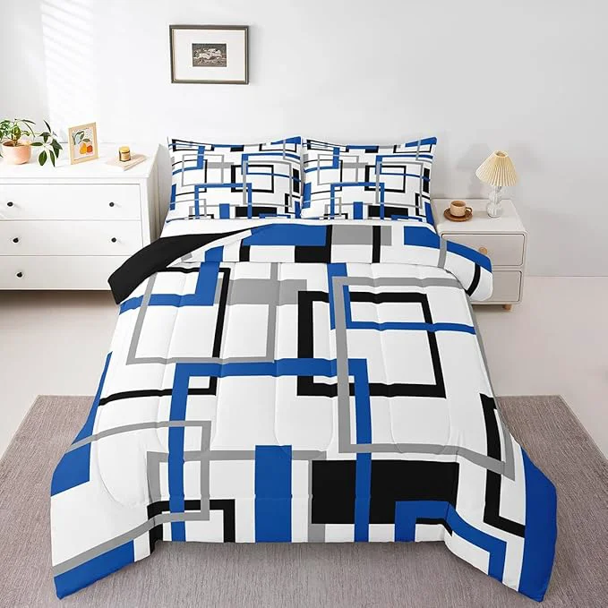 Smart Grid Comforter Set White Black Grey Blue Square Bedding Set Geometric Stripes Bold Lines Quilted Duvet Queen Warm for Kids Teens Adult Modern Creative Art Down Comforter with 2 Pillowcases Safe