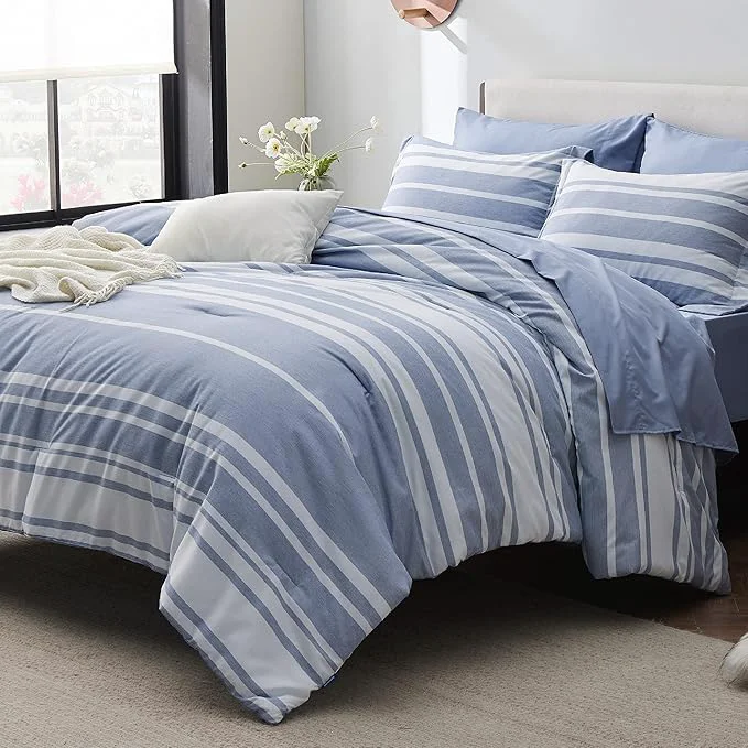 Soft Bedsure Full Comforter Set 7 Pieces Blue Striped Bedding Set for All Seasons Reversible Cationic Dyeing Bed in a Bag with Comforter Sheets Pillowcases amp Shams Original