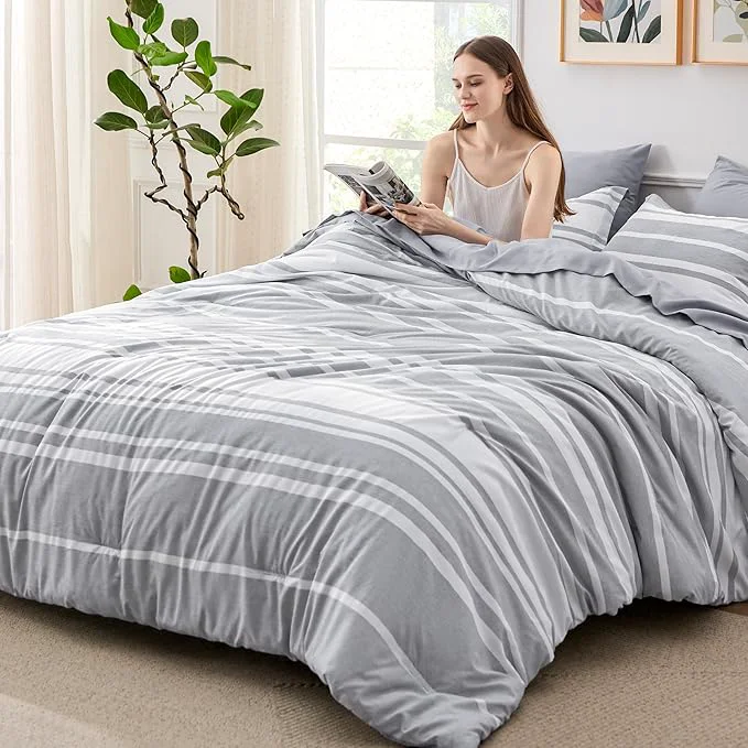 Exclusive Bedsure Queen Comforter Set 7 Pieces Grey Striped Bedding Set for All Seasons Reversible Cationic Dyeing Bed in a Bag with Comforter Sheets Pillowcases amp Shams Excellent