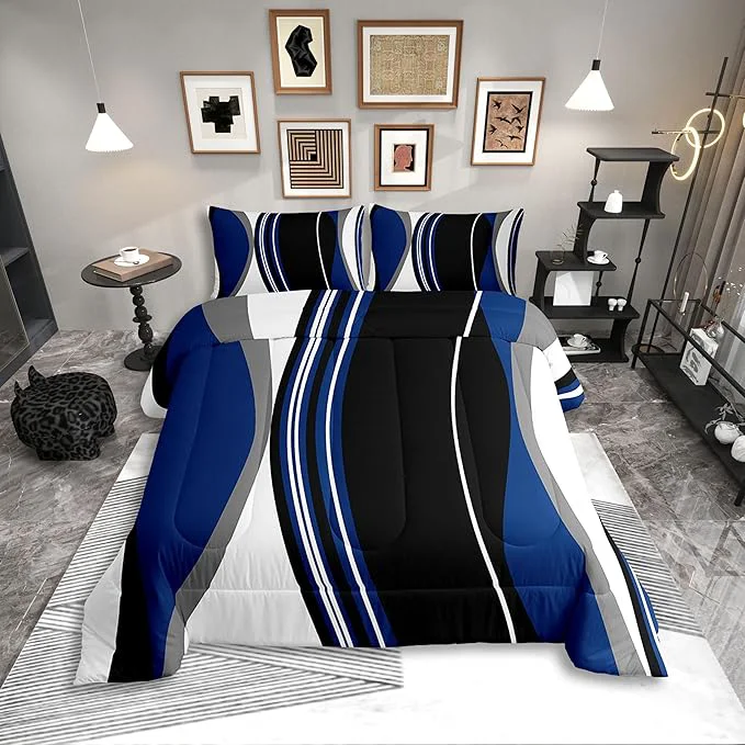 Specialty Erosebridal Blue Black Abstract Toddler Comforter Grey Modern Striped Bedding Set Geometric Stripes Lines Duvet Insert Contemporary Art Boho Bed Sets for Minimalist Enhanced