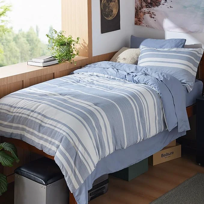 Efficient Bedsure Twin XL Comforter Set 5 Pieces Blue Striped Bedding Set for All Seasons Reversible Cationic Dyeing Bed in a Bag with Comforter Sheets Pillowcase amp Sham Unique