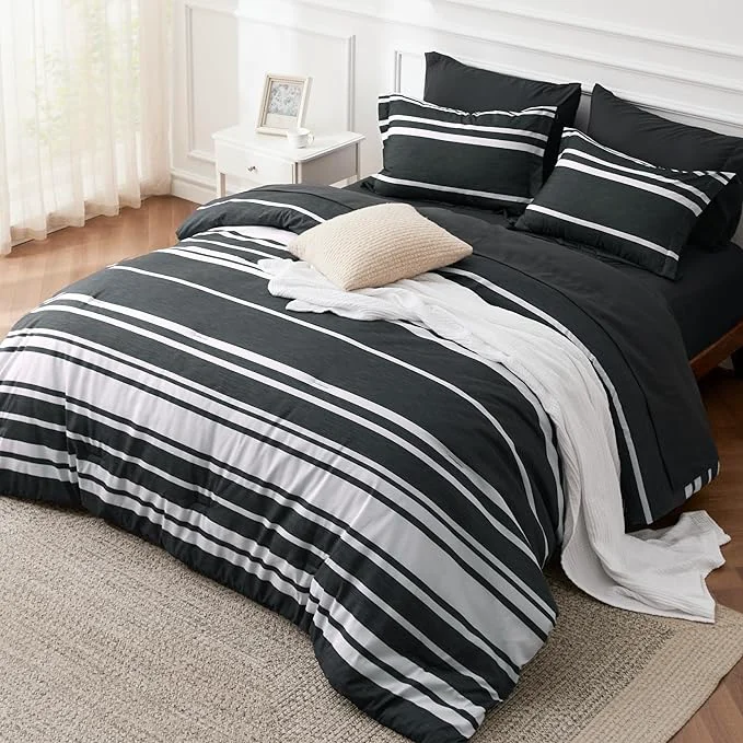 Clean Bedsure California King Comforter Set 7 Pieces Black Striped Bedding Set for All Seasons Reversible Cationic Dyeing Bed in a Bag with Comforter Sheets Pillowcases amp Shams Advanced