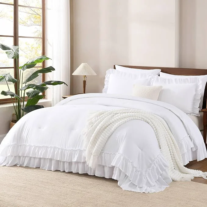 Smart Andency Super King Plus Ruffle Comforter Set 128x120 3 Pieces Farmhouse Shabby Chic Bedding Set Soft Lightweight Oversized California King Comforter Set 1 Comforter 2 Pillowcases White Next-Generation