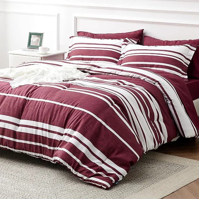 Trusted Bedsure Full Comforter Set 7 Pieces Burgundy Striped Bedding Set for All Seasons Reversible Cationic Dyeing Bed in a Bag with Comforter Sheets Pillowcases amp Shams Next-Generation