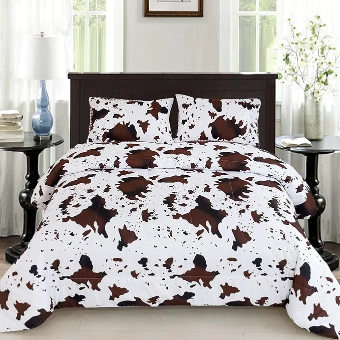 Recyclable PERFEMET 3Pcs Cow Comforter Set King Size Rustic Cow Print Western Bedding Sets Farmhouse Reversible Checkered Cowhide Bed Quilt Set with Pillowcases Brown White King Official