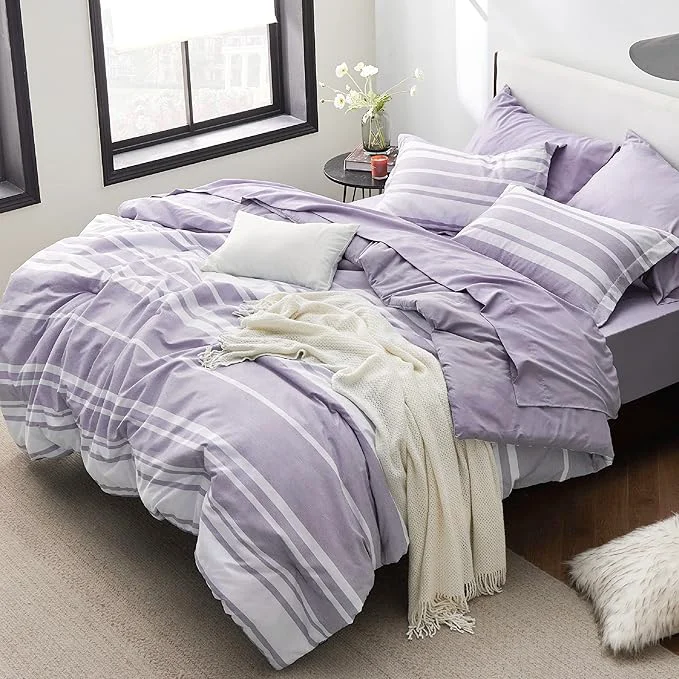 Consistent Bedsure Twin Comforter Set 5 Pieces Purple Striped Bedding Set for All Seasons Reversible Cationic Dyeing Bed in a Bag with Comforter Sheets Pillowcase amp Sham Casual