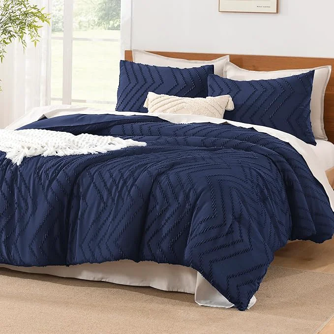 Professional Litanika Comforter Oversized King Size Set Navy Blue 3 Pieces Chevron Tufted Solid Bedding Comforter Sets Fluffy Bed Set Consistent