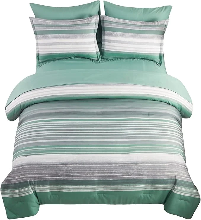 World-Class KAKIJUMN 7 Piece Bed in a Bag Stripe Comforter Set Full Size White Grey Sage Green Patchwork Striped Comforter and Sheet Set All Season Soft Microfiber Complete Bedding Set Green Full Premium Material