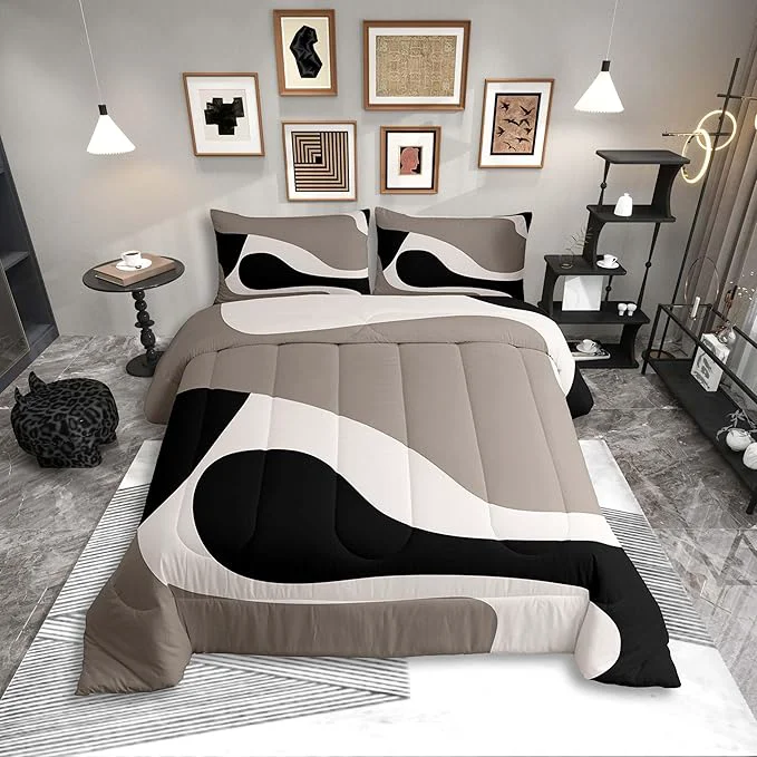Comfortable Erosebridal Black Beige Striped Comforter Set Twin Size Boho Modern Geometric Abstract Bedding for Women Men Adults Stripes Bold Lines Quilt Minimalist Stylish Art Bedding Comforter Sets Superior