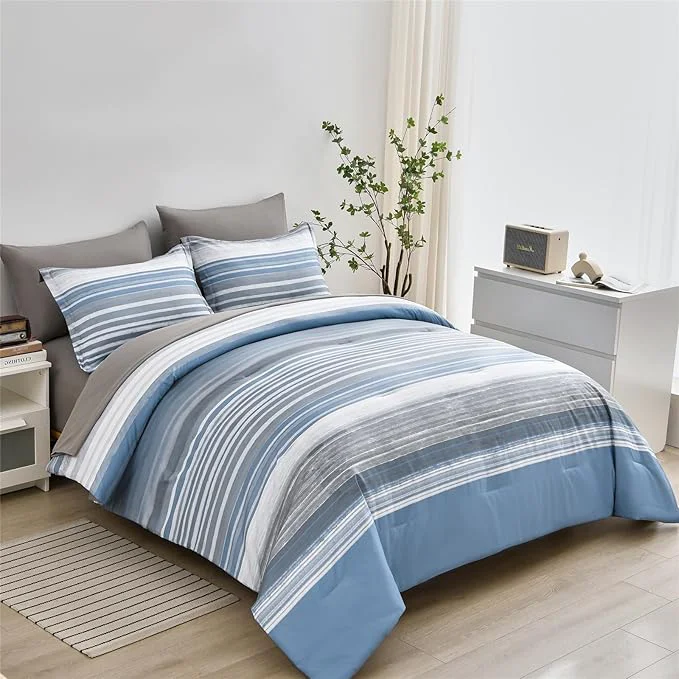 Flexible KAKIJUMN 7 Piece Bed in a Bag Stripe Comforter Set Full Size White Grey Blue Striped Comforter and Sheet Set All Season Soft Microfiber Complete Bedding Set Light Blue Full Healthy