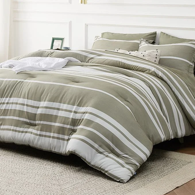 Refined Bedsure Queen Comforter Set 7 Pieces Olive Green Striped Bedding Set for All Seasons Reversible Cationic Dyeing Bed in a Bag with Comforter Sheets Pillowcases amp Shams Original Design