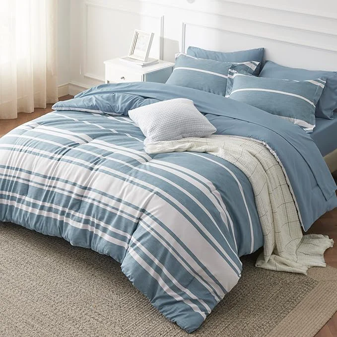Enhanced Bedsure Twin Comforter Set 5 Pieces Grey Blue Striped Bedding Set for All Seasons Reversible Cationic Dyeing Bed in a Bag with Comforter Sheets Pillowcase amp Sham Easy-to-Use