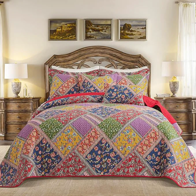 Secure BEDIFANY Cotton King Quilt Set - Vintage Farmhouse Bedspread with Vibrant Floral Pattern 3-Piece Lightweight Coverlet 98x106 Inch 2 Pillow Shams All Seasons Multicolor Quilt Bedding Set Stylish