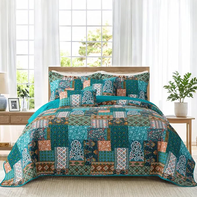 Organic BEDIFANY Cotton Queen Size Quilt Set Lightweight Bedspread Queen Coverlet Soft Farmhouse Quilt Bedding Sets for Bed Decorations All Seasons 3 Pieces Green Classic