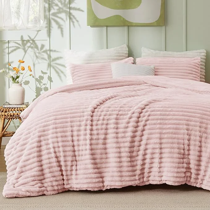 Expertly Made Bedsure Full Size Comforter Sets - GentleSoft™ 3 Pieces Double-Side Fleece Fluffy Pink Comforter Set Cozy Striped Room Decor Aesthetic Luxury Full Size Bedding 2 Pillowcases 82x86 Inches Selected