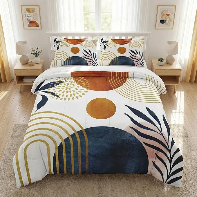 Lightweight Full Size Comforter Set with 2 Pillowcases Mid Century 3 Pcs Bedding for Adults Sun Boho Geometric Leaf Soft Comforter Set for Bedroom Bed Decor Safe