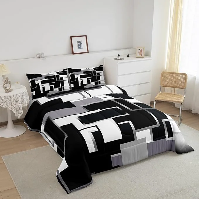 Comfortable Erosebridal Geometric Comforter Sets Full Black and White Bedding Set for Kids Teens Youth Modern Ombre Quilt Set Soft Mid Century Square Duvet Insert with 2 Pillow Shams Lightweight Warm Specialty