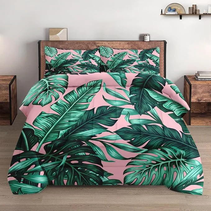 Flexible Twin Size Comforter Set with Pillowcase Tropical Green Leaves Pink Leaf Soft 2 Pcs Bedding for Kids and Adults Bedroom Bed Decor Trendy