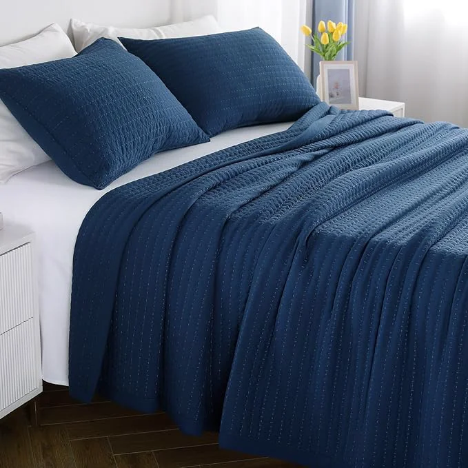 Exclusive King Quilt Set – 104 quot x90 quot Soft Washed 3-Layer Lightweight Bedspread with Multi-Lock Quilting Minimalist Nordic Bedding All-Season Quilt for Spring Summer amp Fall 1 Quilt 2 Pillow Shams Dark Blue