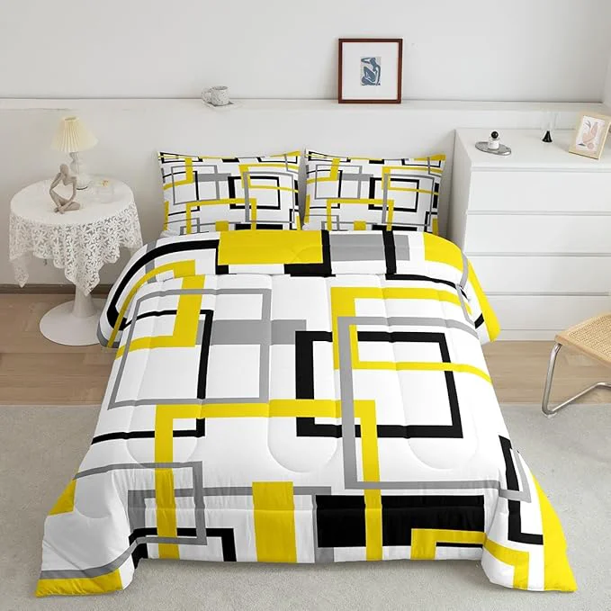 Specialty Grey Golden Black White Comforter Set Colorful Geometric Square Bedding Set for Kids Boys Girls Bedroom Decor Grid Plaid Stripes Quilted Duvet Full Modern Simple Style Graphic Down Comforter Advanced