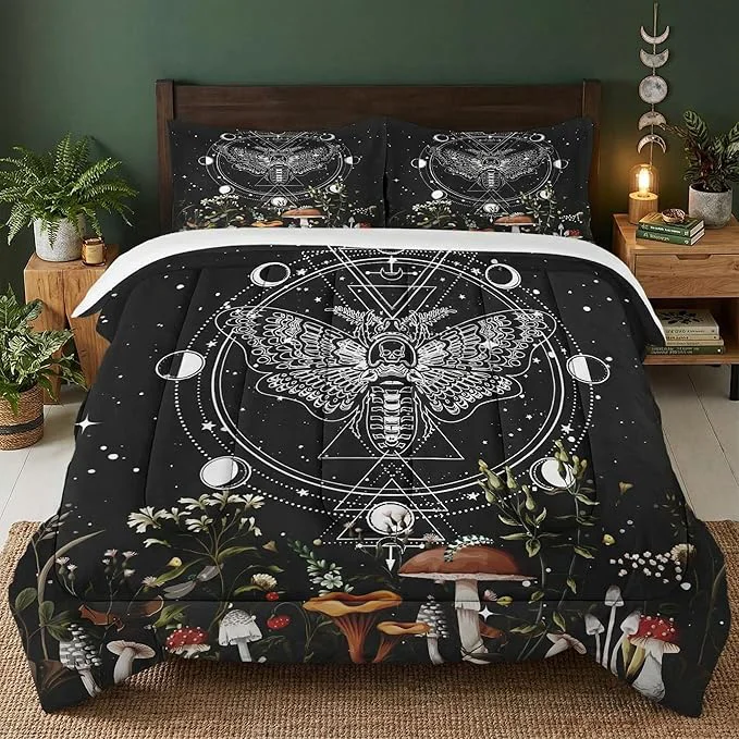 Verified Twin Size Comforter Set with Pillowcase Moth Dead Moon 2 Pcs Bedding for Kids and Adults Vintage Mushroom Wildflower Soft Comforter Set for Bedroom Bed Decor Genuine