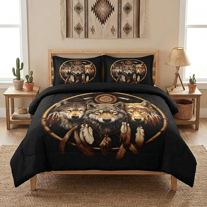 Reliable King Size Comforter Set with 2 Pillowcases Black Tribal Three Wolf 3 Pcs Bedding for Kids and Adults American Boho Feather Dreamcatcher Soft Comforter Set for Bedroom Bed Decor Efficient